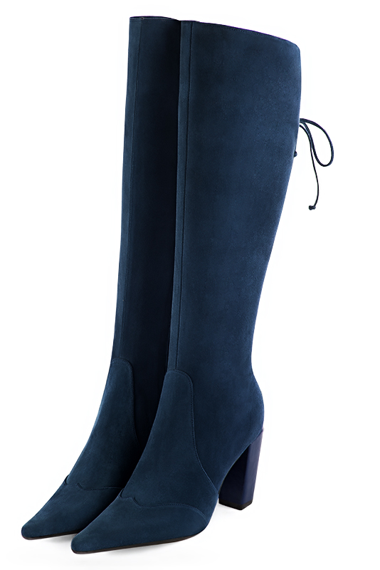 Navy blue women's knee-high boots, with laces at the back. Pointed toe. High block heels. Made to measure. Front view - Florence KOOIJMAN